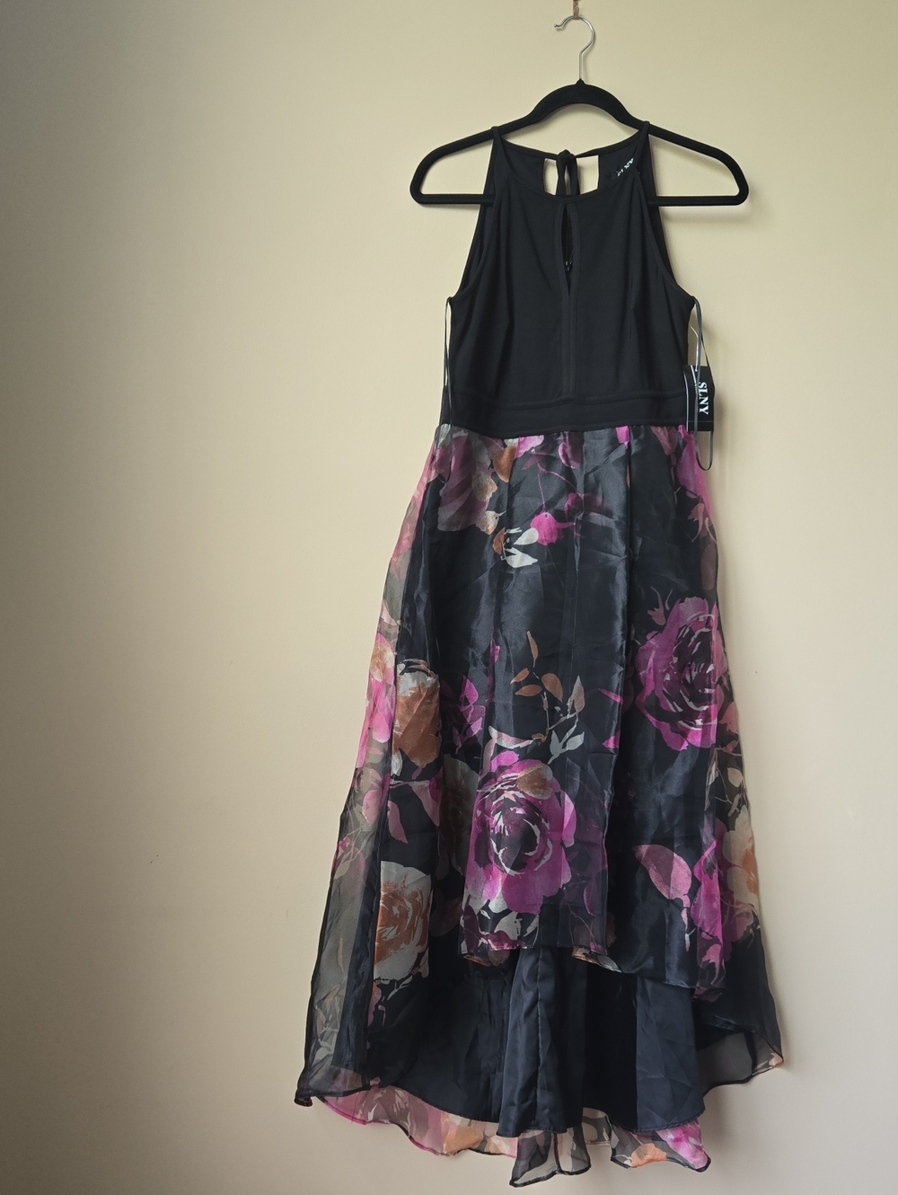 SLNY Black Halter High-Low Dress with Pink Floral Skirt